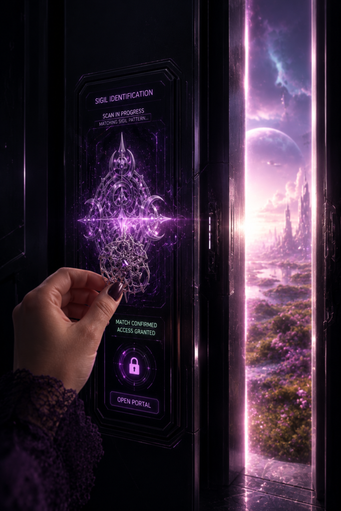Leuchtende violette Sigille in einem magischen Portal, berührt von einer Hand – Symbol für Sigillenmagie und Manifestation.