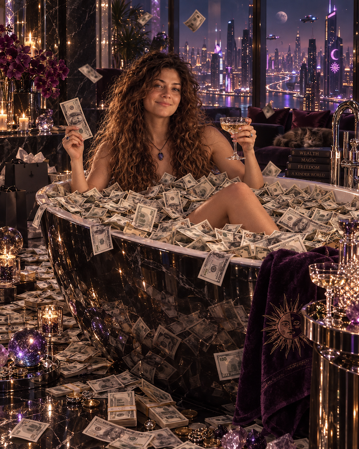 Eine Frau sitzt in einer luxuriösen Badewanne, voll mit Geldscheinen und hält ein Champagnerglas in der Hand.
