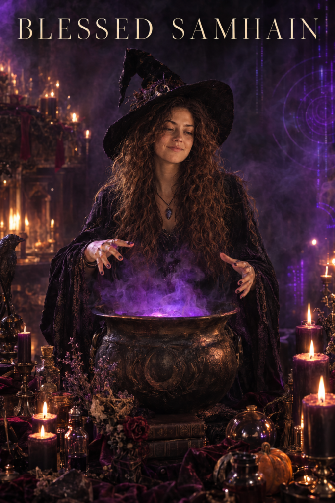 Halloween KI Prompts: Hexe mit schwarzem Hut vor einem dampfenden Kessel mit violett leuchtendem Zaubertrank, umgeben von Kerzen in einer mystischen Halloween Szene.