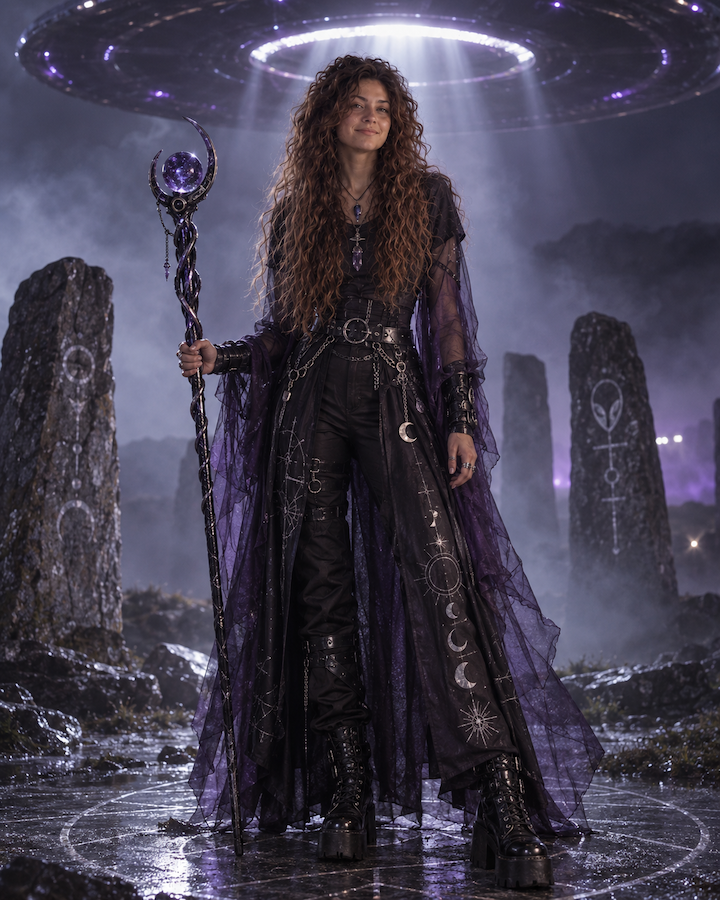 Halloween KI Prompts: Futuristische Alien-Hexe in schwarzem und violettem Outfit mit magischem Stab unter einem leuchtenden UFO zwischen mystischen Steinen und Nebel.