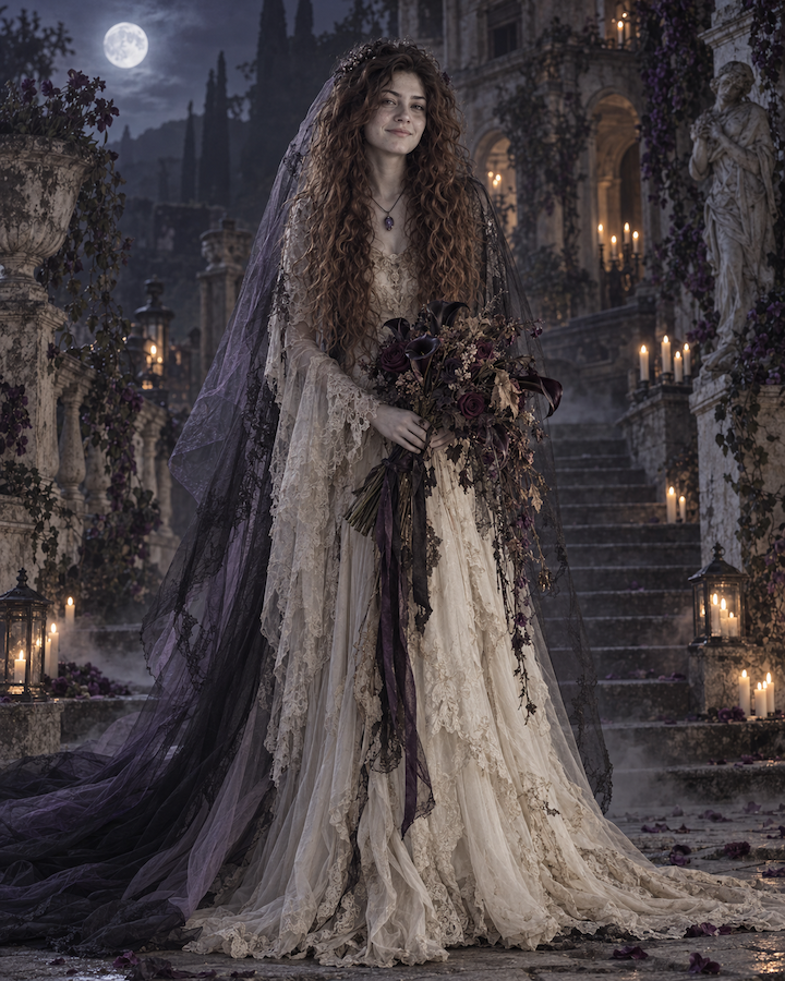 Geisterbraut in einem verwitterten elfenbeinfarbenen Brautkleid mit dunklem Schleier und Blumenstrauß vor einer mystischen, kerzenbeleuchteten Schlosskulisse bei Nacht.