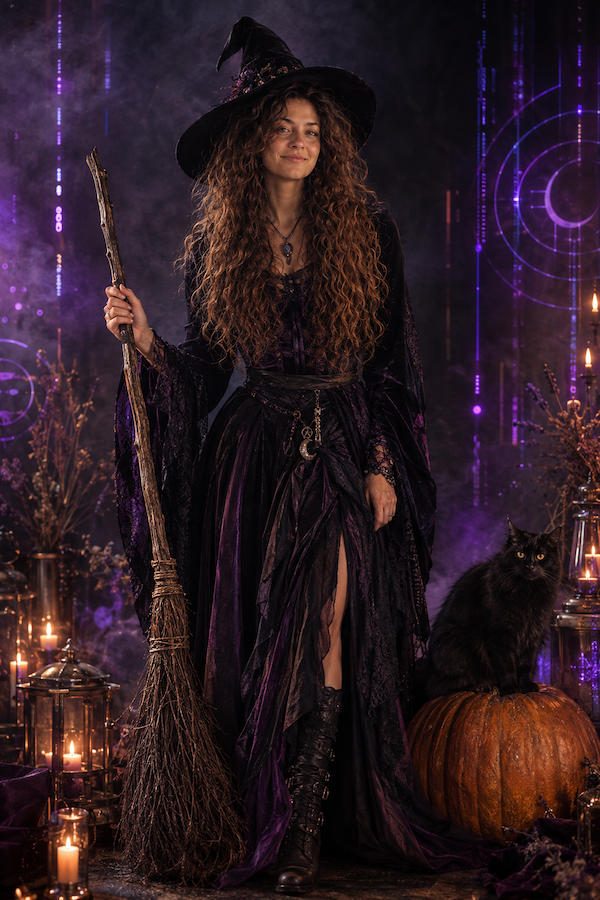 Moderne Hexe in schwarzem Kleid mit Besen und schwarzer Katze vor violett leuchtendem, magischem Halloween Hintergrund. - Halloween KI Prompts