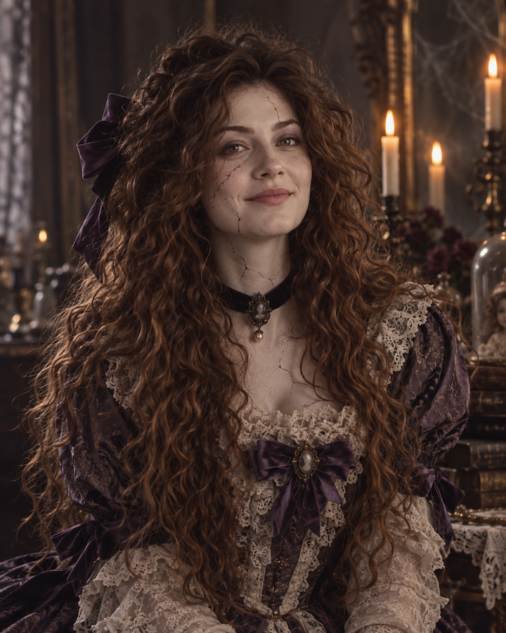Halloween KI Prompts: Verfluchte Porzellanpuppe mit langen lockigen Haaren, feinen Rissen im Gesicht und viktorianischem Kleid in einer dunklen, kerzenbeleuchteten Halloween Szene.