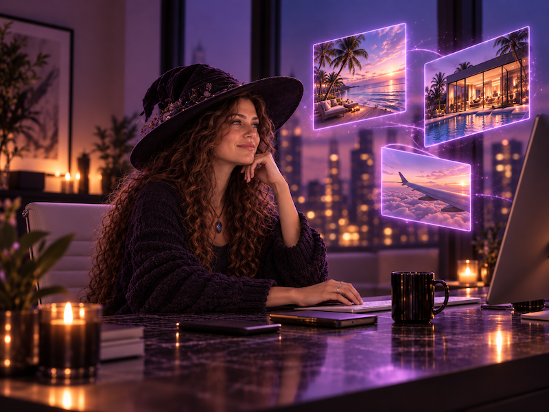 Witchfloor Hexe manifestiert am Computer ihre Wunschrealität nach Neville Goddards Gesetz der Annahme. Leuchtende Bilder zeigen den erfüllten Endzustand mit Traumhaus, Reisen und tropischem Strand. 💜